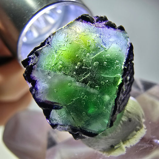 Cube de fluorite fantôme, zonal, muscovite, tourmaline Schorl, Erongo, Namibie, 17 x 14 x 12 mm 