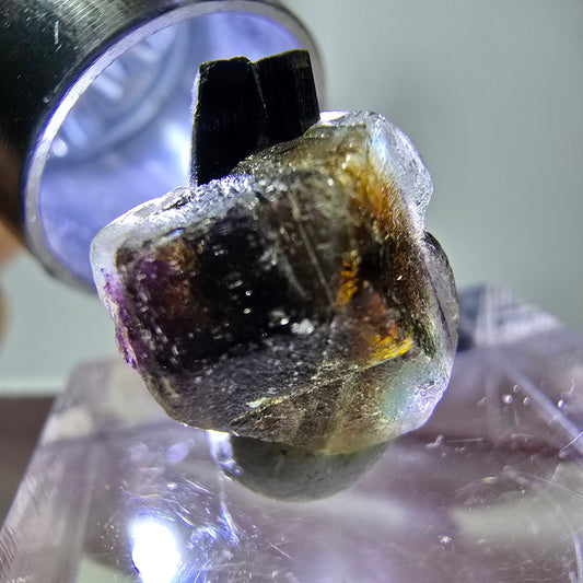 Spécimen de fluorite fantôme colorée et de tourmaline scholle muscovite, Erongo, Namibie, 14 x 10 x 15 mm 