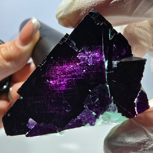 Spécimen de cube de fluorite fantôme vert violet zonal 11:11 Angel Pocket, Namibie 49*47*32mm 