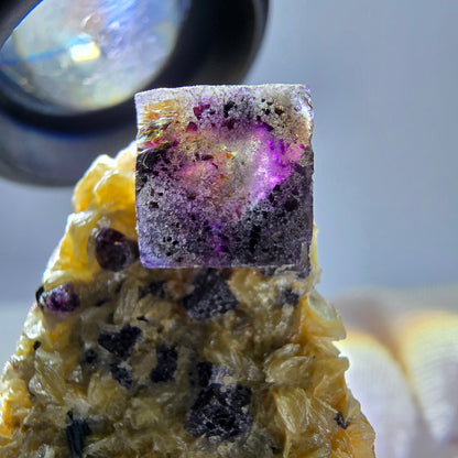 Spécimen de fluorite fantôme colorée, tourmaline scholle, muscovite, Erongo, Namibie, 36 x 28 x 16 mm 