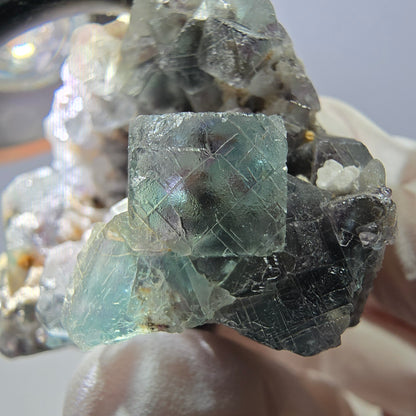 Rare cube de fluorite fantôme, spécimen de quartz vert violet Okorusu Namibie 47*46*37 mm 