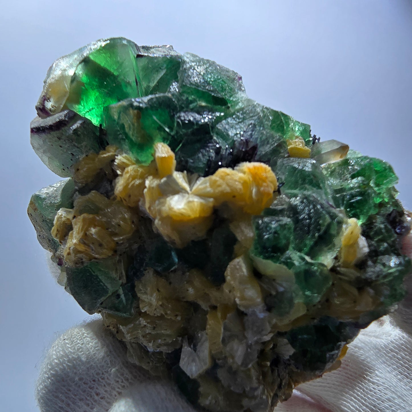 Phantom Fluorit Würfel, Rauchquarz, Schörl Turmalin, Hyalit Erongo, Namibia 66*49*37mm