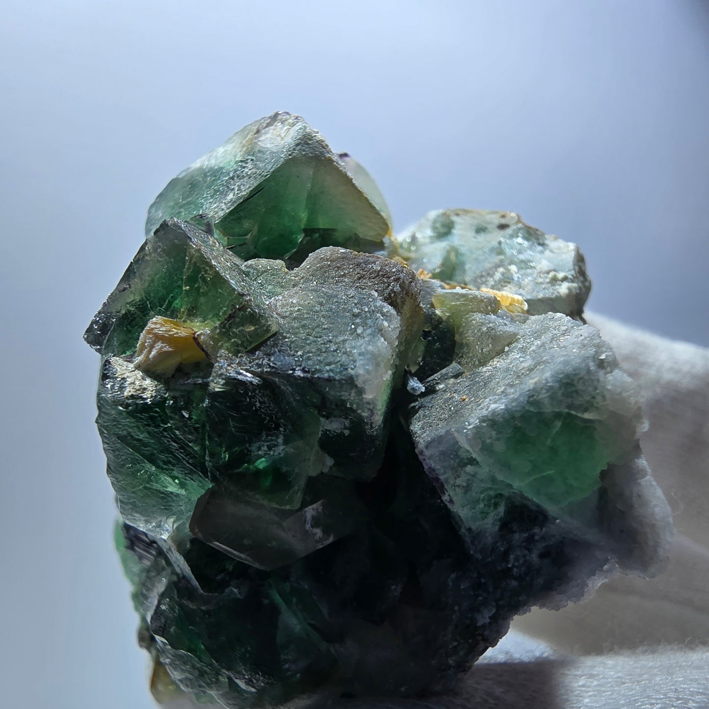 Phantom Fluorit Würfel, Rauchquarz, Schörl Turmalin, Hyalit Erongo, Namibia 66*49*37mm
