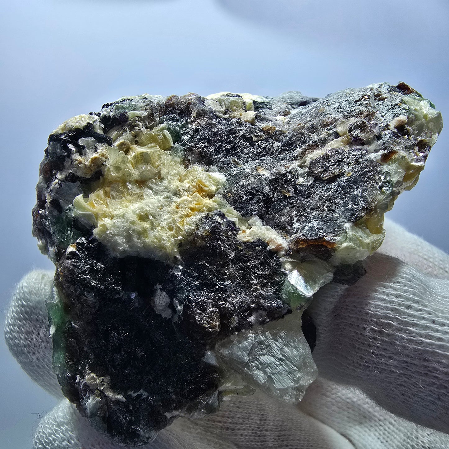Phantom Fluorit zonal Hyalit Rauchquarz Muskovit Stufe Erongo Namibia 71*65*46mm