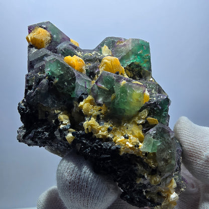 Fluorite fantôme hexagonale, hyalite, tourmaline Schörl, muscovite Erongo, Namibie 93*73*42mm 