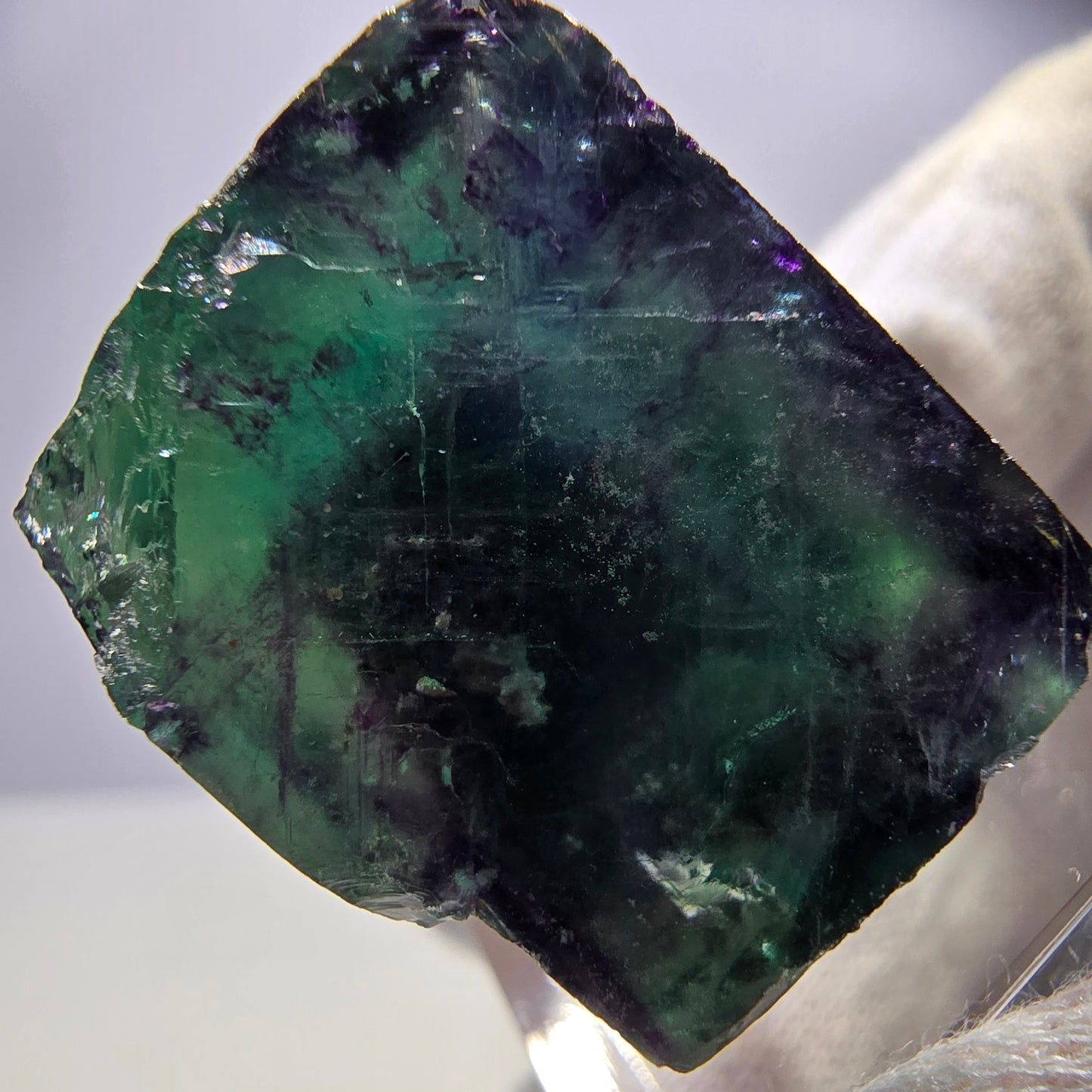 Cube de fluorite fantôme transparente, vert violet zonal, Okorusu, Namibie, 33 x 29 x 20 mm 