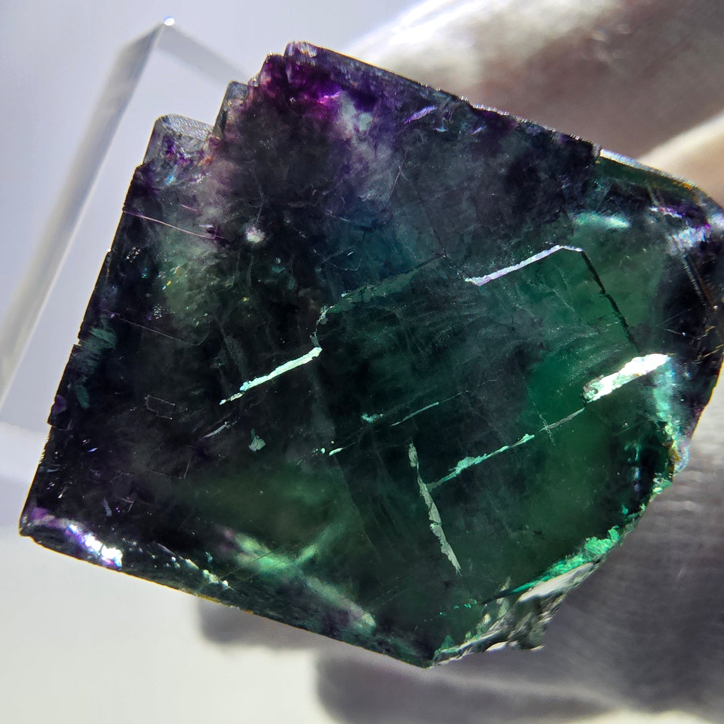 Cube de fluorite fantôme transparente, vert violet zonal, Okorusu, Namibie, 33 x 29 x 20 mm 