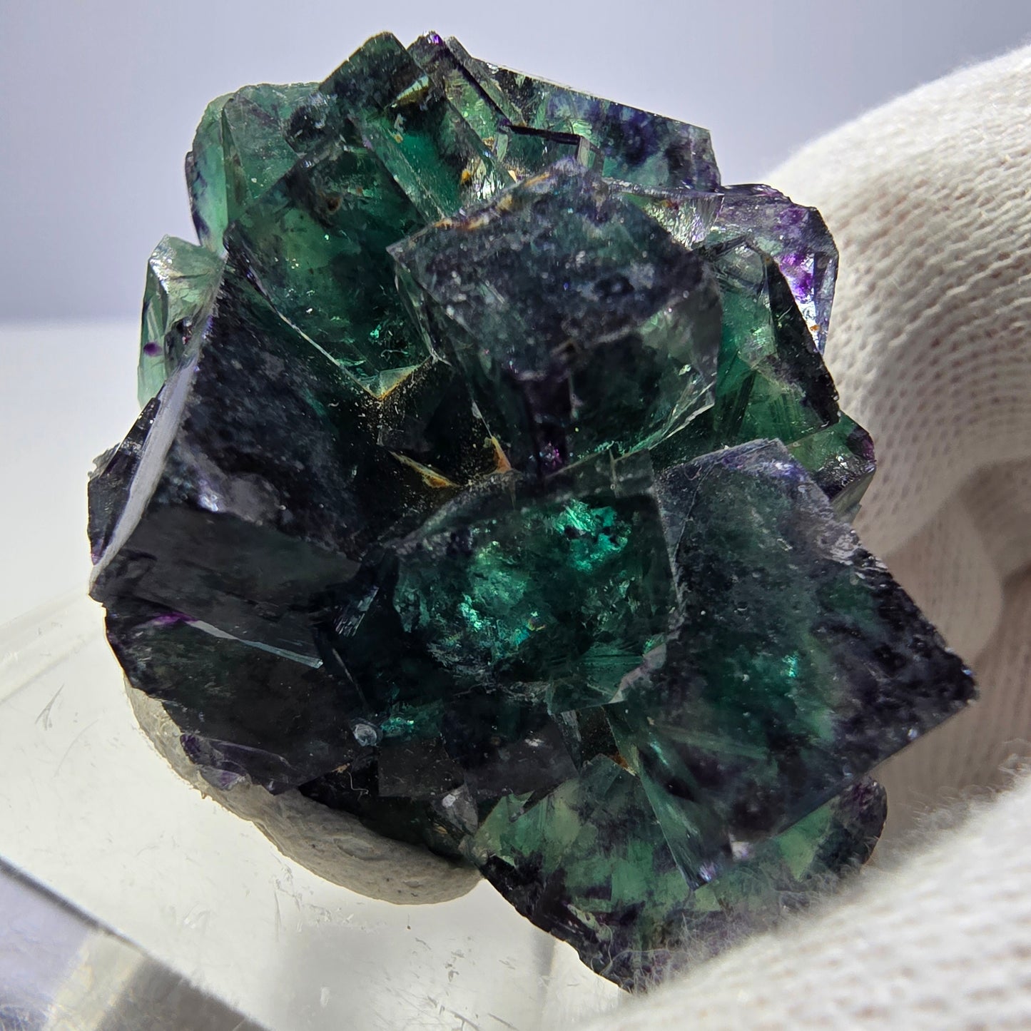 Klare Phantom Fluorit Würfel Stufe zonal grün lila Okorusu, Namibia 43*35*19mm