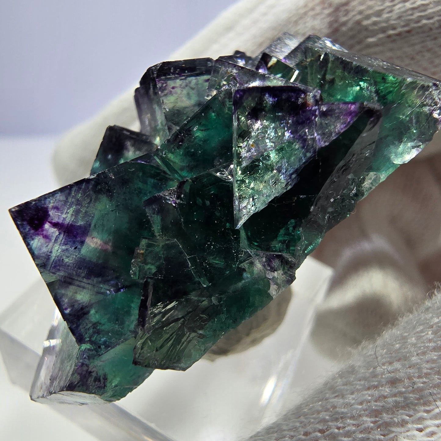Klare Phantom Fluorit Würfel Stufe zonal grün lila Okorusu, Namibia 43*35*19mm