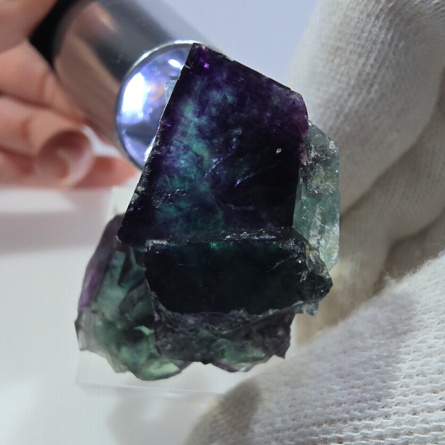 Spécimen de cube de fluorite fantôme transparente, vert-violet zonal, Okorusu, Namibie, 36 x 31 x 23 mm 