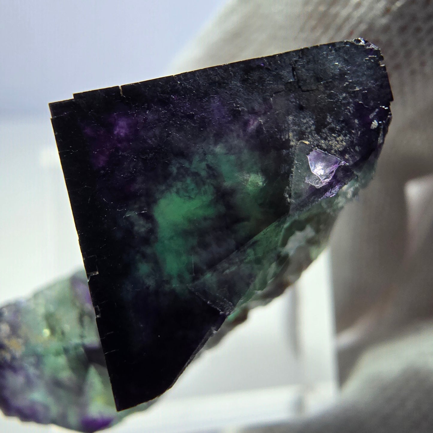 Spécimen rare de cube de fluorite fantôme, vert-violet zonal, Okorusu, Namibie, 37 x 23 x 15 mm 