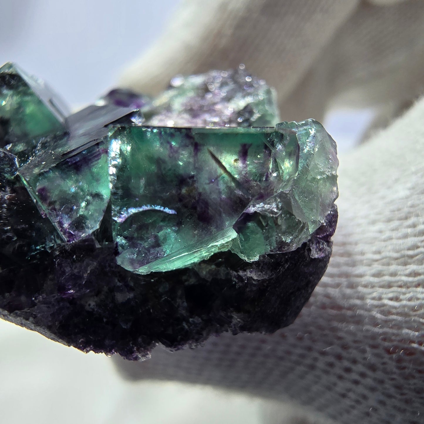 Seltene Phantom Fluorit Würfel Stufe zonal grün lila Okorusu, Namibia 43*36*15mm