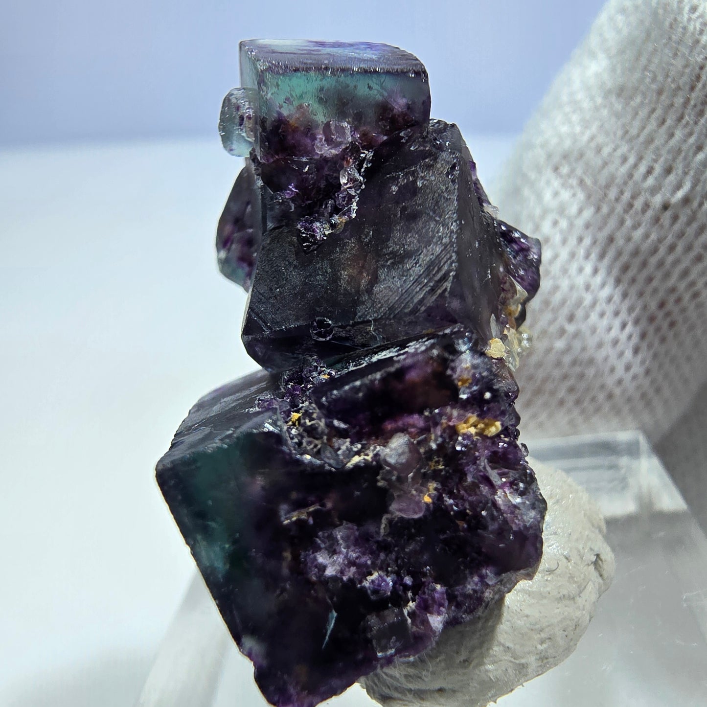 Spécimen rare de cube de fluorite fantôme, vert zonal et violet, Okorusu, Namibie, 30 x 21 x 17 mm 
