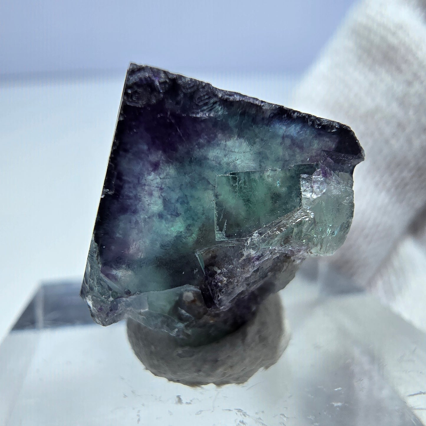 Rare spécimen de cube de fluorite fantôme, vert-violet zonal, Okorusu, Namibie, 19 x 17 x 14 mm 
