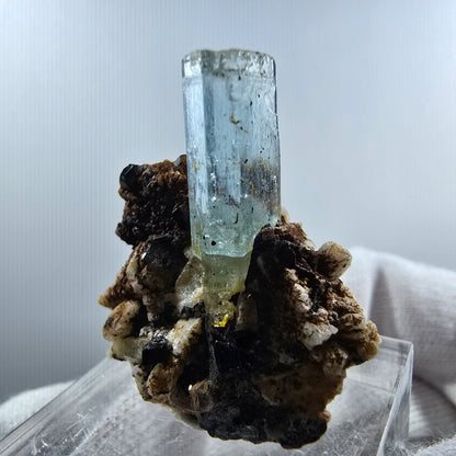 Aigue-marine Setlene, tourmaline Schorl sur matrice, spécimen d'Erongo, Namibie, 30 x 27 x 21 mm 