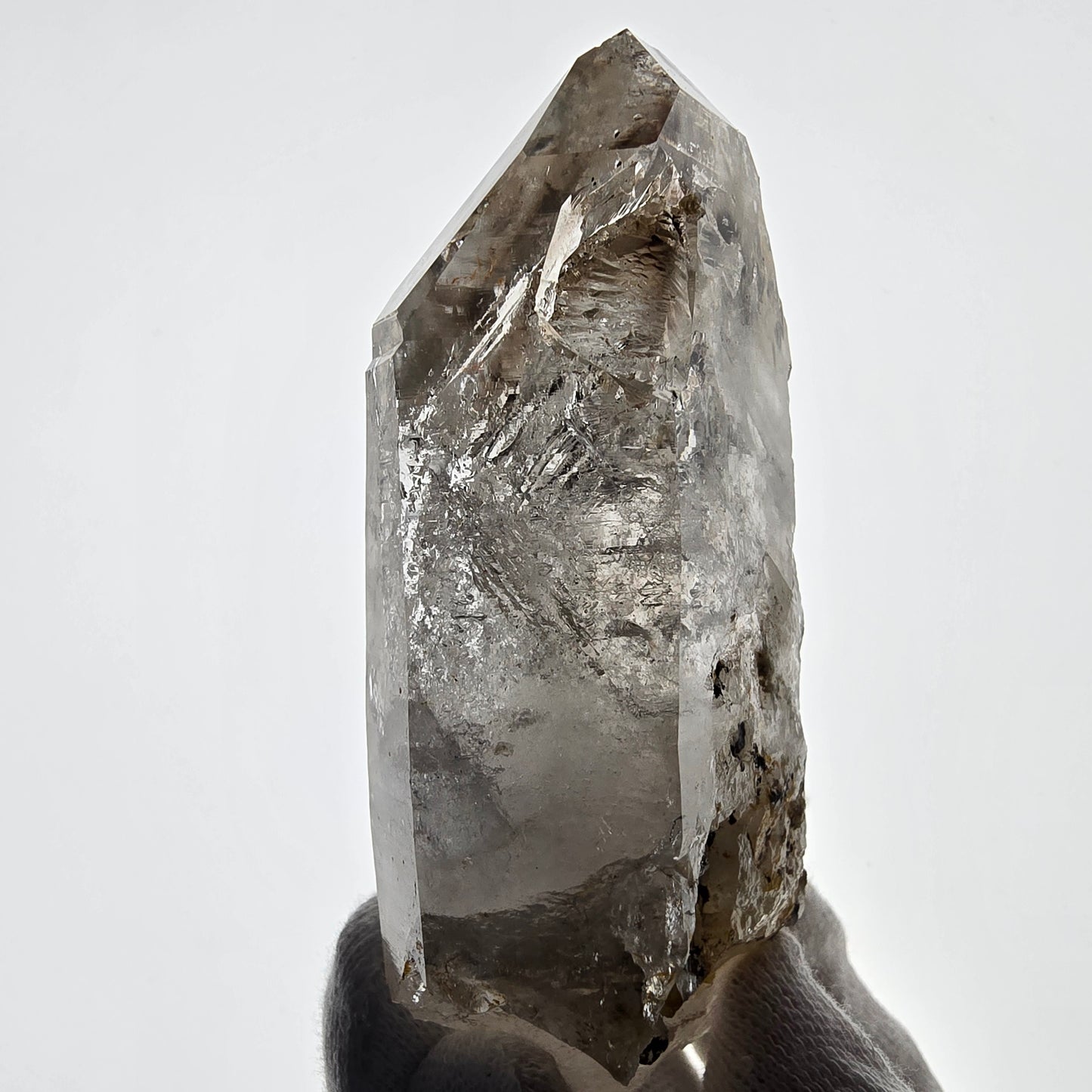 Quartz fumé squelette Enhydro, calcite UV, 1 gobo de poche Bubble Valentine. Namibie 98 x 49 x 26 mm 