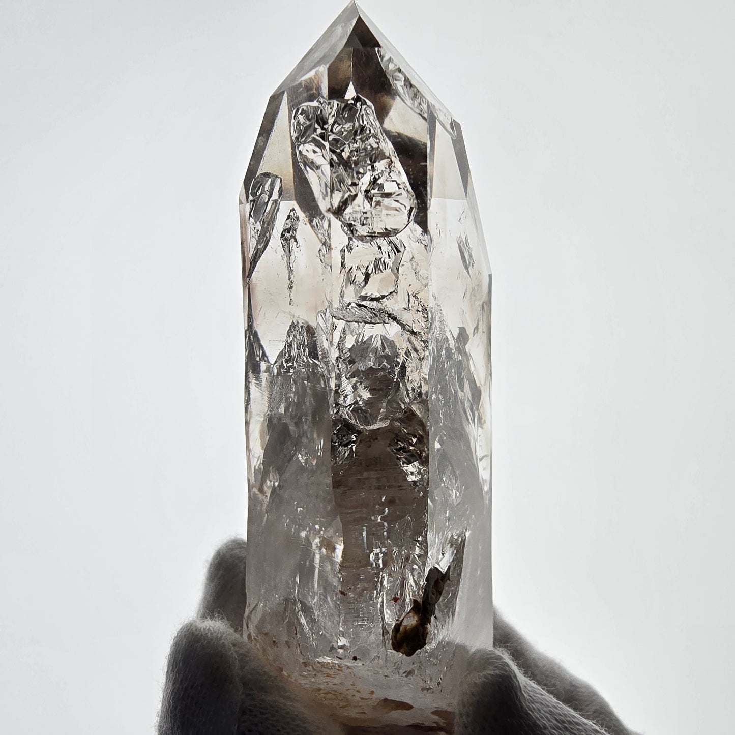 Sceptre en quartz fumé Window Phantom, calcite UV Valentine Pocket Goboboseb Namibie 90 x 38 x 25 mm 