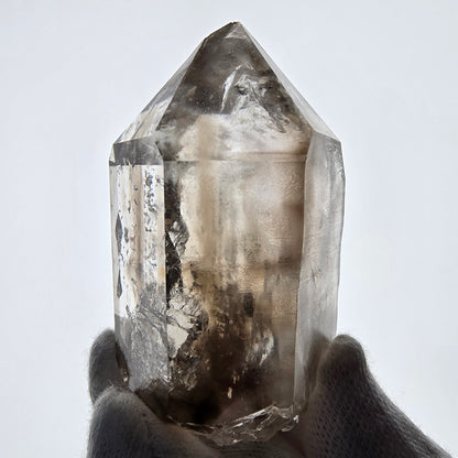 Sceptre DT en quartz fumé squelette Enhydro, poche Valentine en calcite UV, Namibie 71 x 43 x 31 mm 
