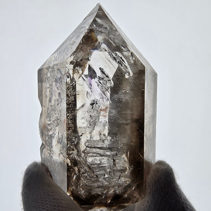 Sceptre DT en quartz fumé squelette Enhydro, poche Valentine en calcite UV, Namibie 71 x 43 x 31 mm 