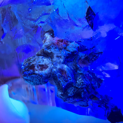 Quartz fumé squelette Enhydro DT, calcite UV, pochette Valentine 3x Bubble, Namibie 118 x 34 x 29 mm 