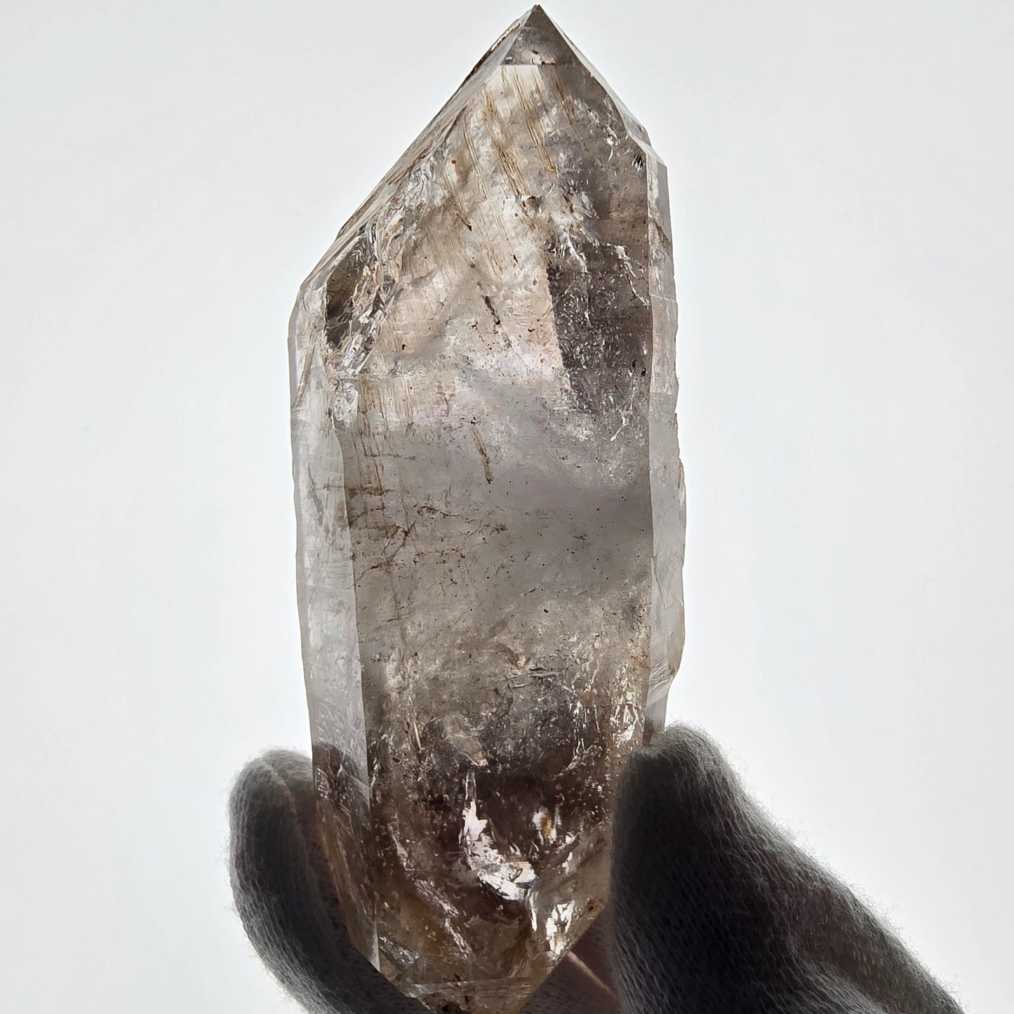 Quartz fumé squelette Enhydro DT, calcite UV, 1 poche Bubble Valentine, Namibie 87 x 34 x 24 mm 