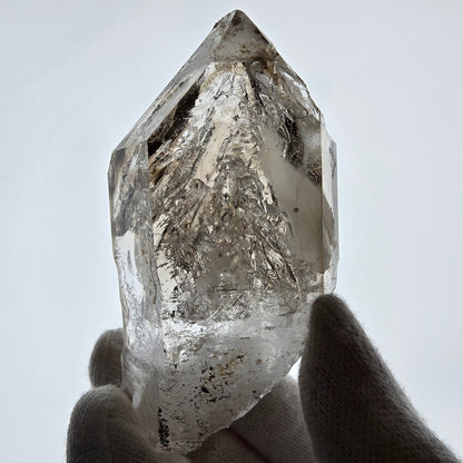 Sceptre fantôme squelette en quartz fumé DT, poche Saint-Valentin en calcite UV, Namibie 89 x 47 x 32 mm 