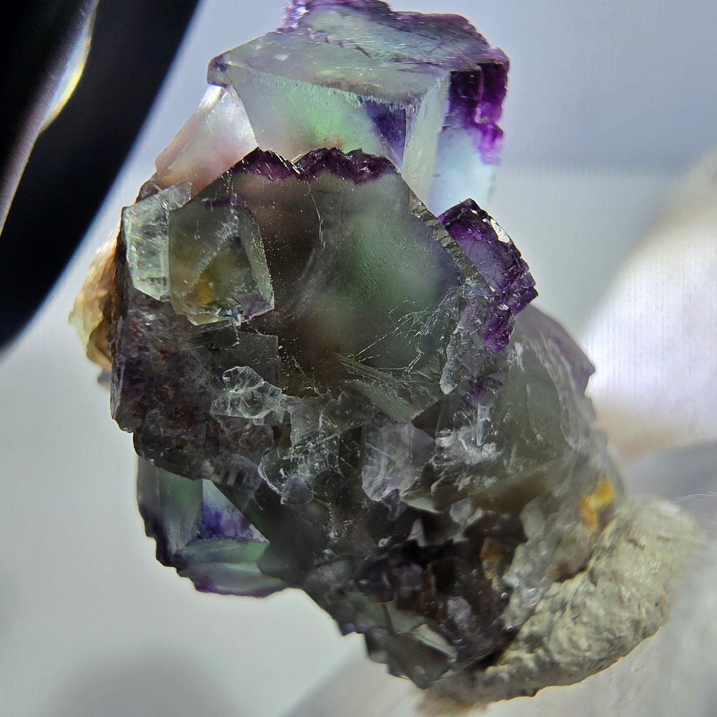 Seltene Phantom Fluorit Würfel Stufe zonal grün lila Okorusu, Namibia 26*26*25mm