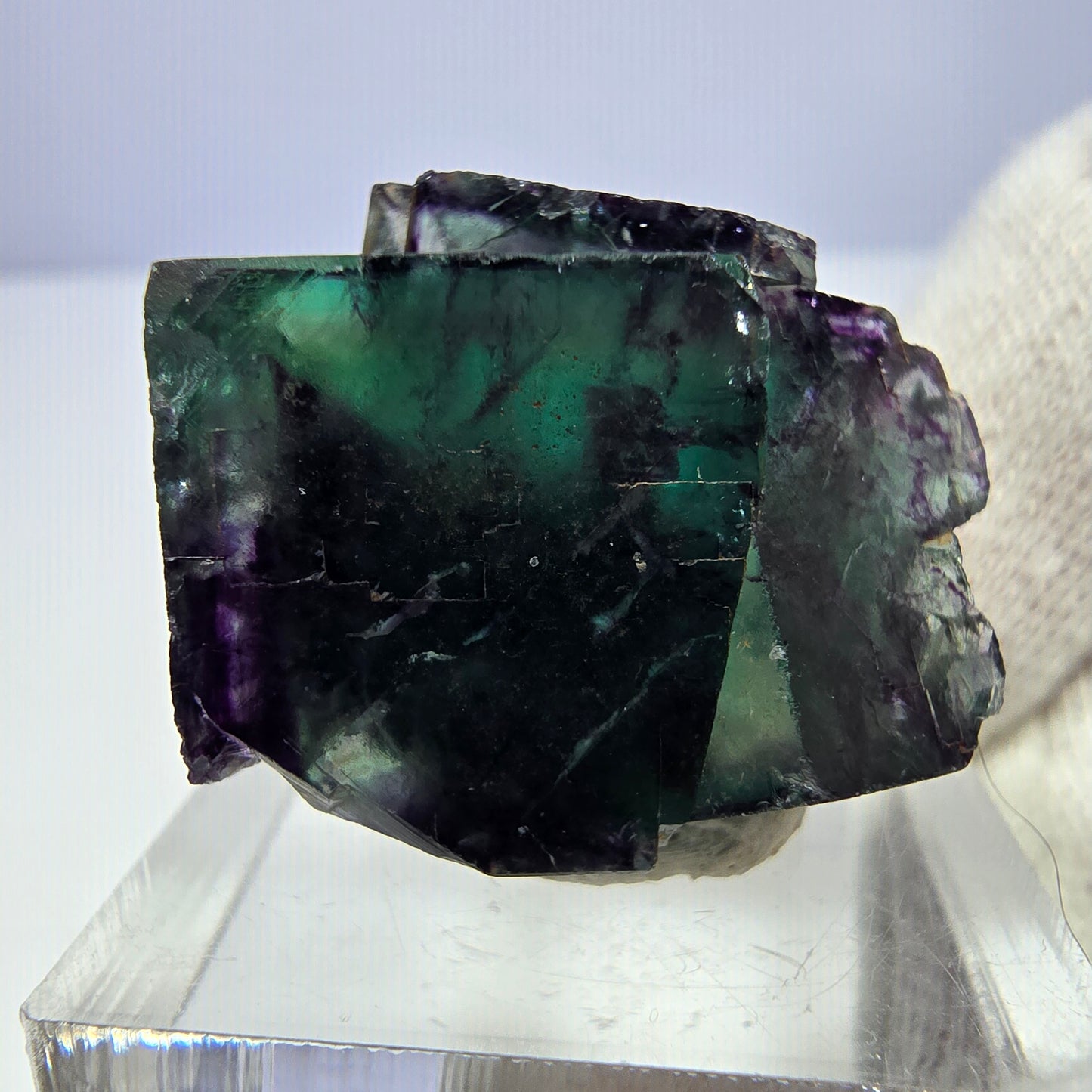Rare spécimen de cube de fluorite fantôme, vert-violet zonal, Okorusu, Namibie, 26 x 21 x 18 mm 