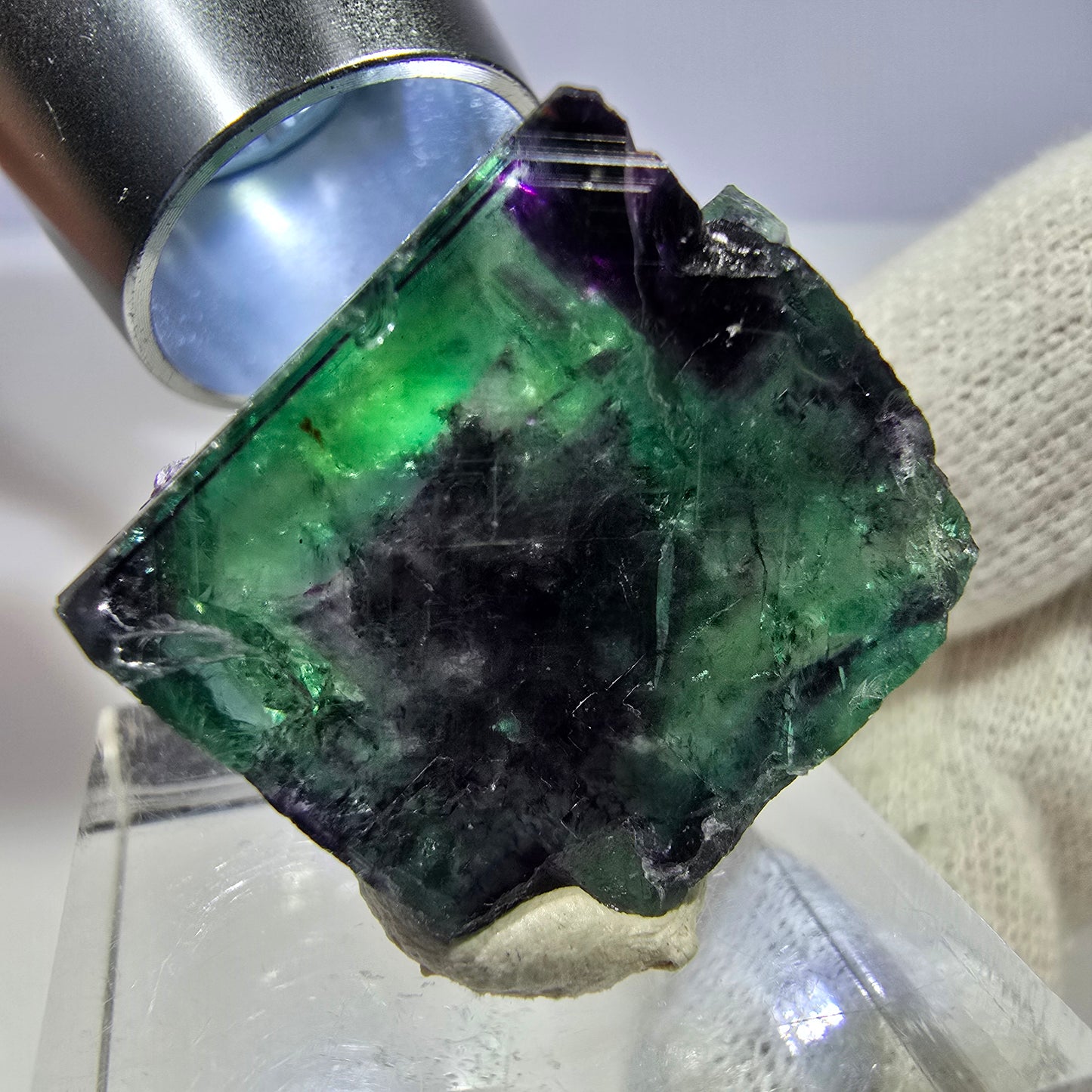 Rare spécimen de cube de fluorite fantôme, vert-violet zonal, Okorusu, Namibie, 29 x 25 x 19 mm 