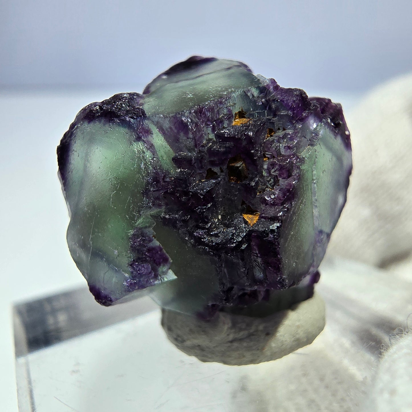 Rare spécimen de cube de fluorite fantôme, vert-violet zonal, Okorusu, Namibie, 19 x 19 x 12 mm 