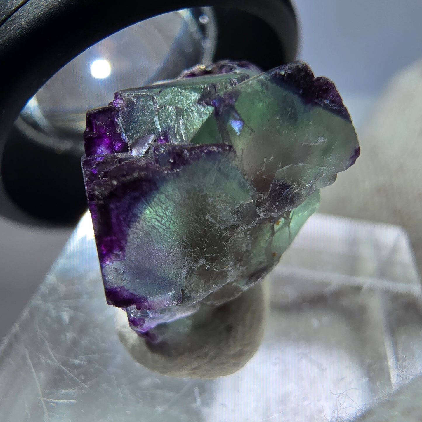 Rare spécimen de cube de fluorite fantôme, vert-violet zonal, Okorusu, Namibie, 19 x 19 x 12 mm 