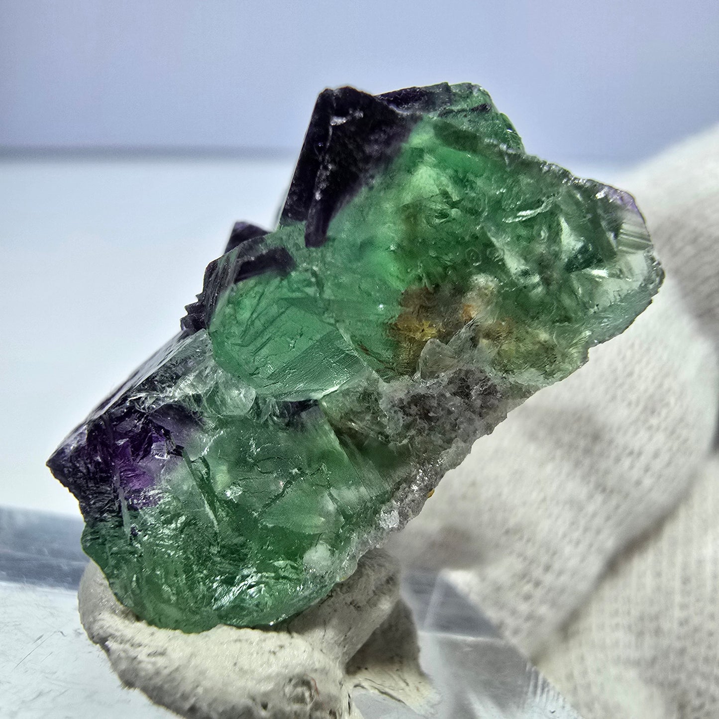 Spécimen rare de cube de fluorite fantôme zonal vert violet Okorusu, Namibie 29*25*16mm 