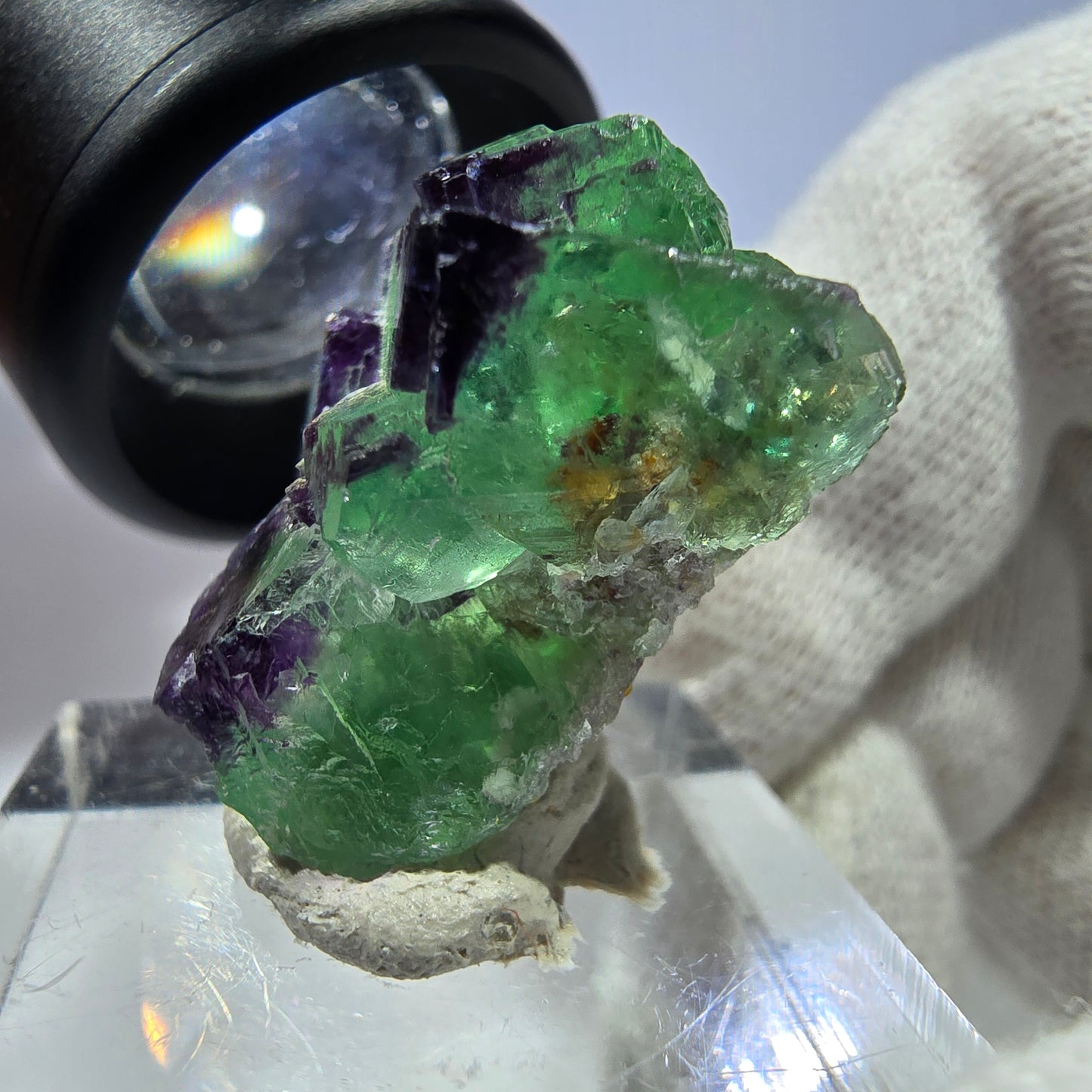 Spécimen rare de cube de fluorite fantôme zonal vert violet Okorusu, Namibie 29*25*16mm 