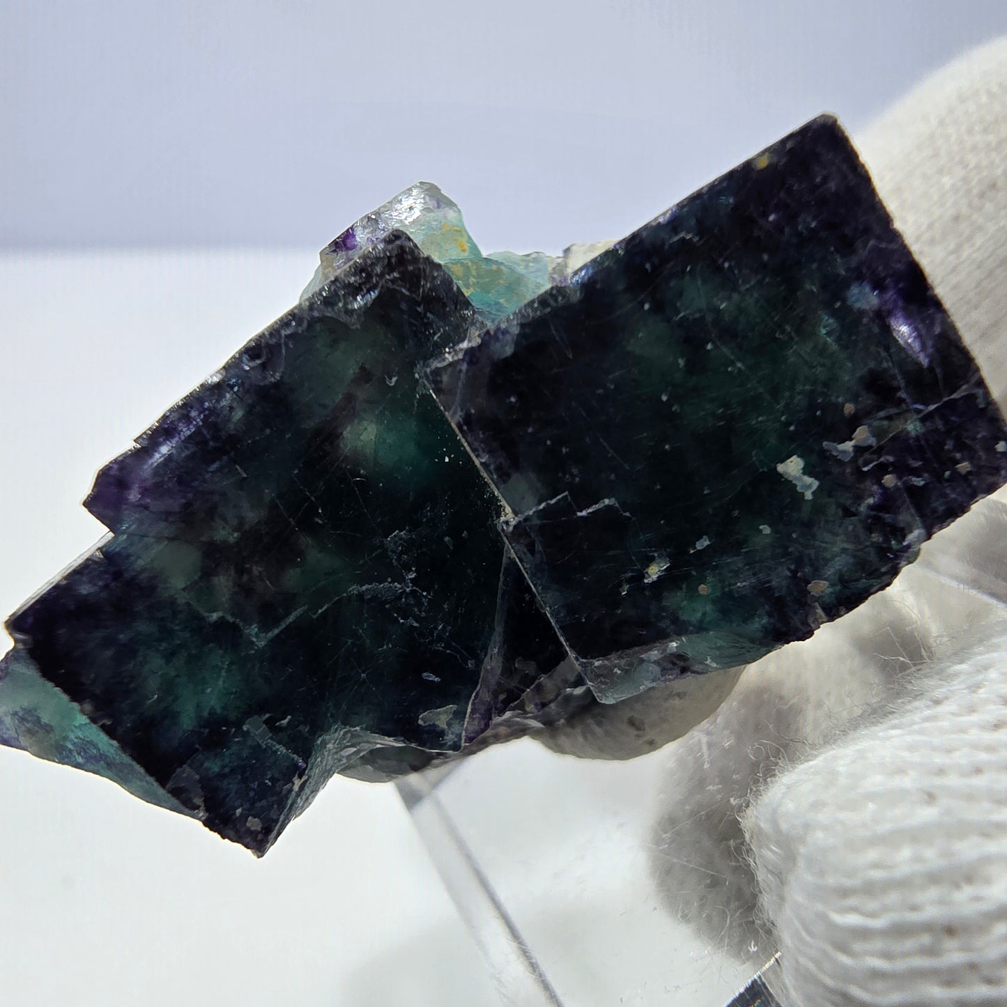 Rare spécimen de cube de fluorite fantôme, vert-violet zonal, Okorusu, Namibie, 39 x 24 x 16 mm 