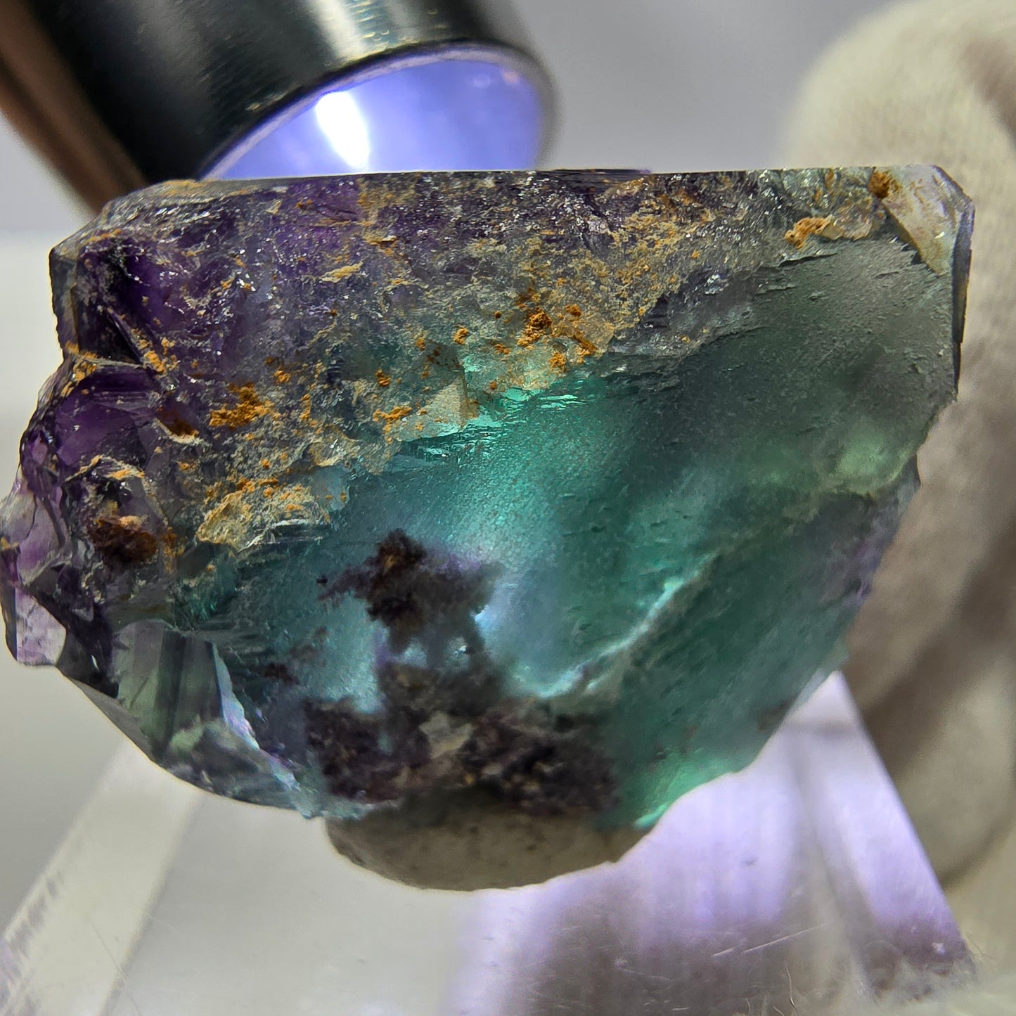 Spécimen rare de cube de fluorite fantôme, vert zonal et violet, Okorusu, Namibie, 30 x 21 x 17 mm 