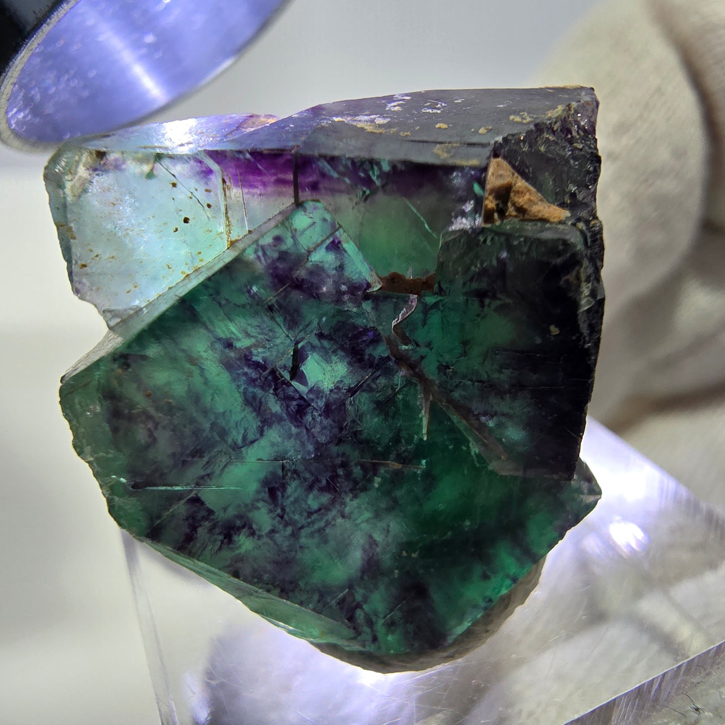 Spécimen rare de cube de fluorite fantôme, vert zonal et violet, Okorusu, Namibie, 30 x 21 x 17 mm 