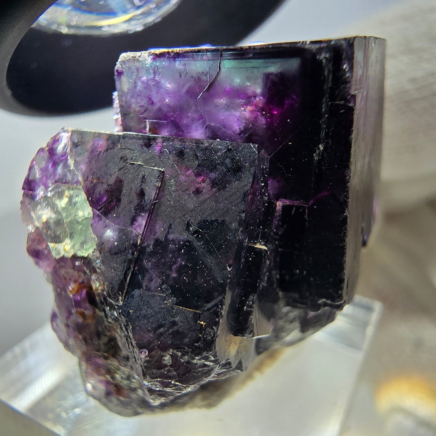 Spécimen rare de cube de fluorite fantôme, vert zonal et violet, Okorusu, Namibie, 37 x 29 x 20 mm 