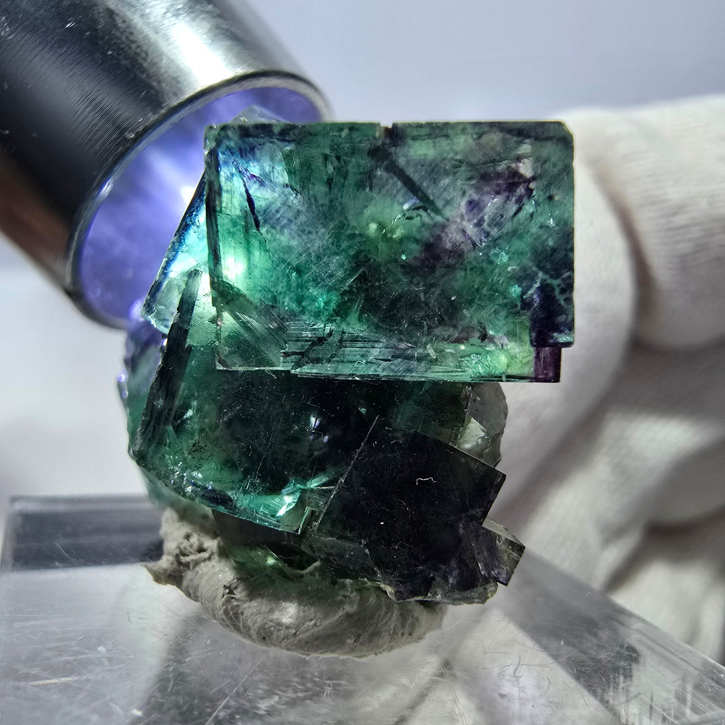 Spécimen zonal de cube de fluorite fantôme, vert violet, Okorusu, Namibie, 32 x 23 x 17 mm 