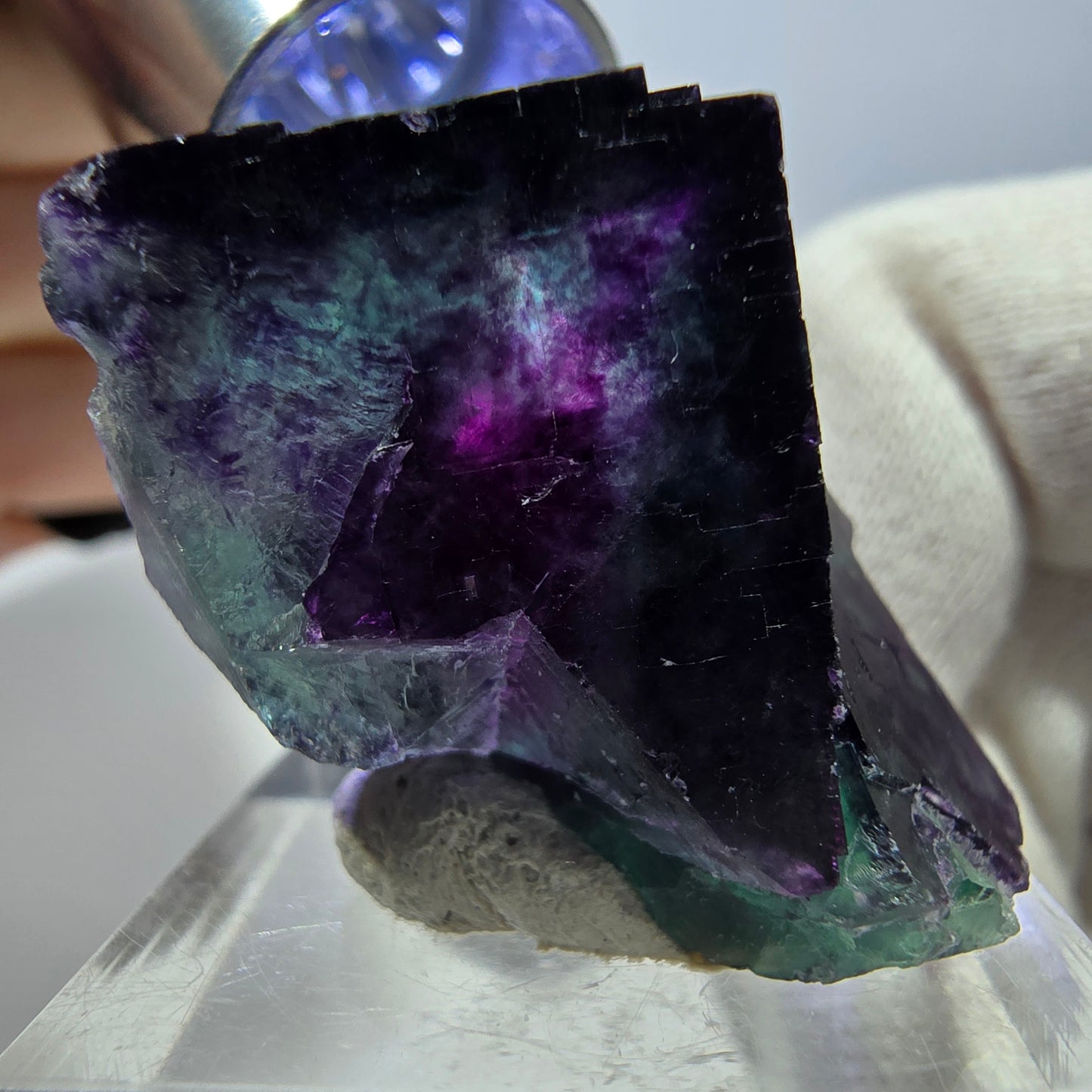 Spécimen zonal de cube de fluorite fantôme, vert violet, Okorusu, Namibie, 35 x 23 x 27 mm 
