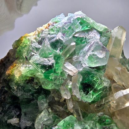 Fluorite fantôme XL, muscovite, hyalite, quartz fumé, tourmaline Schörl, Erongo, Namibie, 134 x 100 x 77 mm 