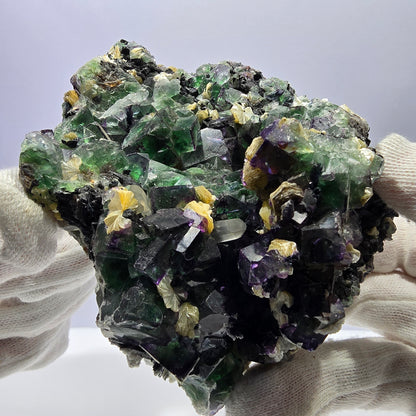 Fluorite fantôme XL, muscovite, hyalite, quartz fumé, tourmaline Schörl, Erongo, Namibie, 107 x 105 x 67 mm 