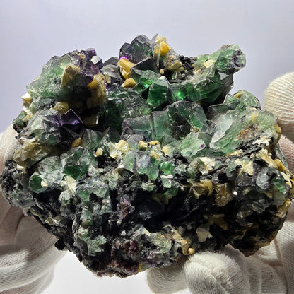Fluorite fantôme XL, muscovite, hyalite, quartz fumé, tourmaline Schörl, Erongo, Namibie, 107 x 105 x 67 mm 