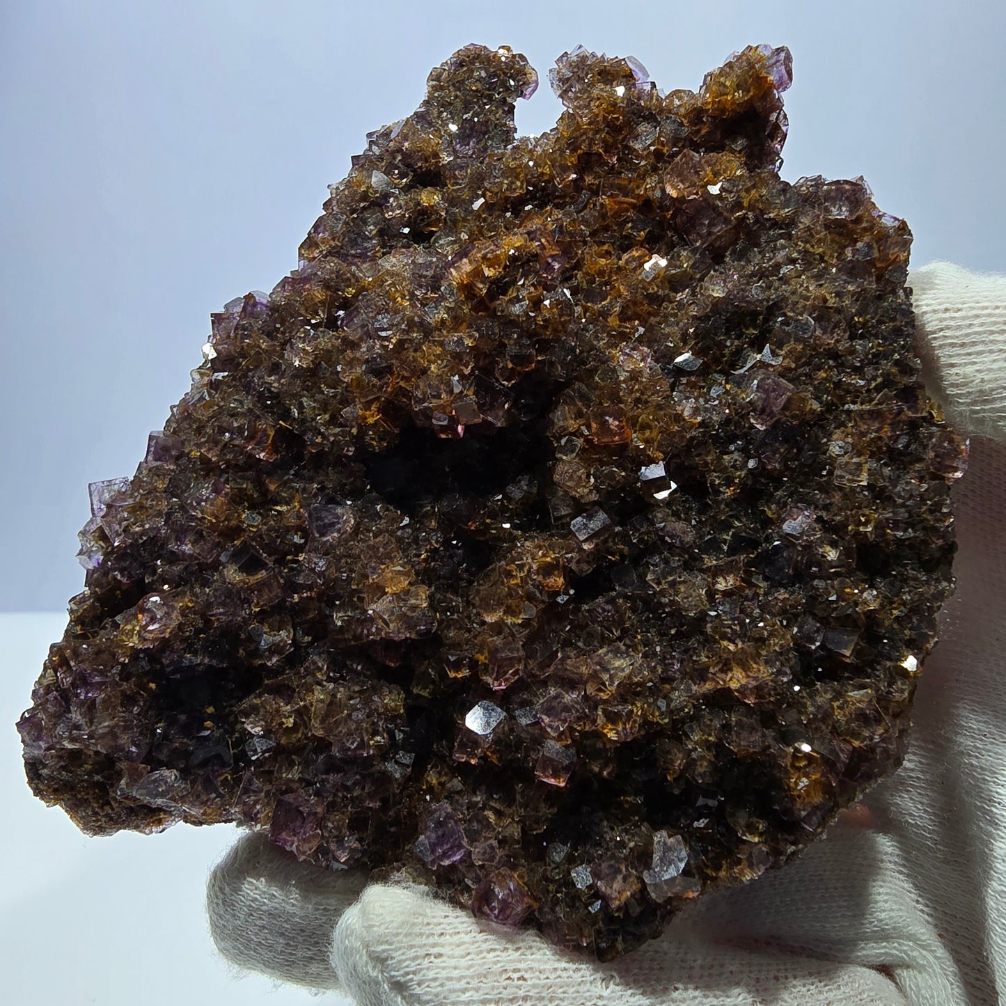 Grand spécimen de cube de fluorite fantôme double face, jaune violet, Okorusu, Namibie, 111 x 89 x 28 mm 