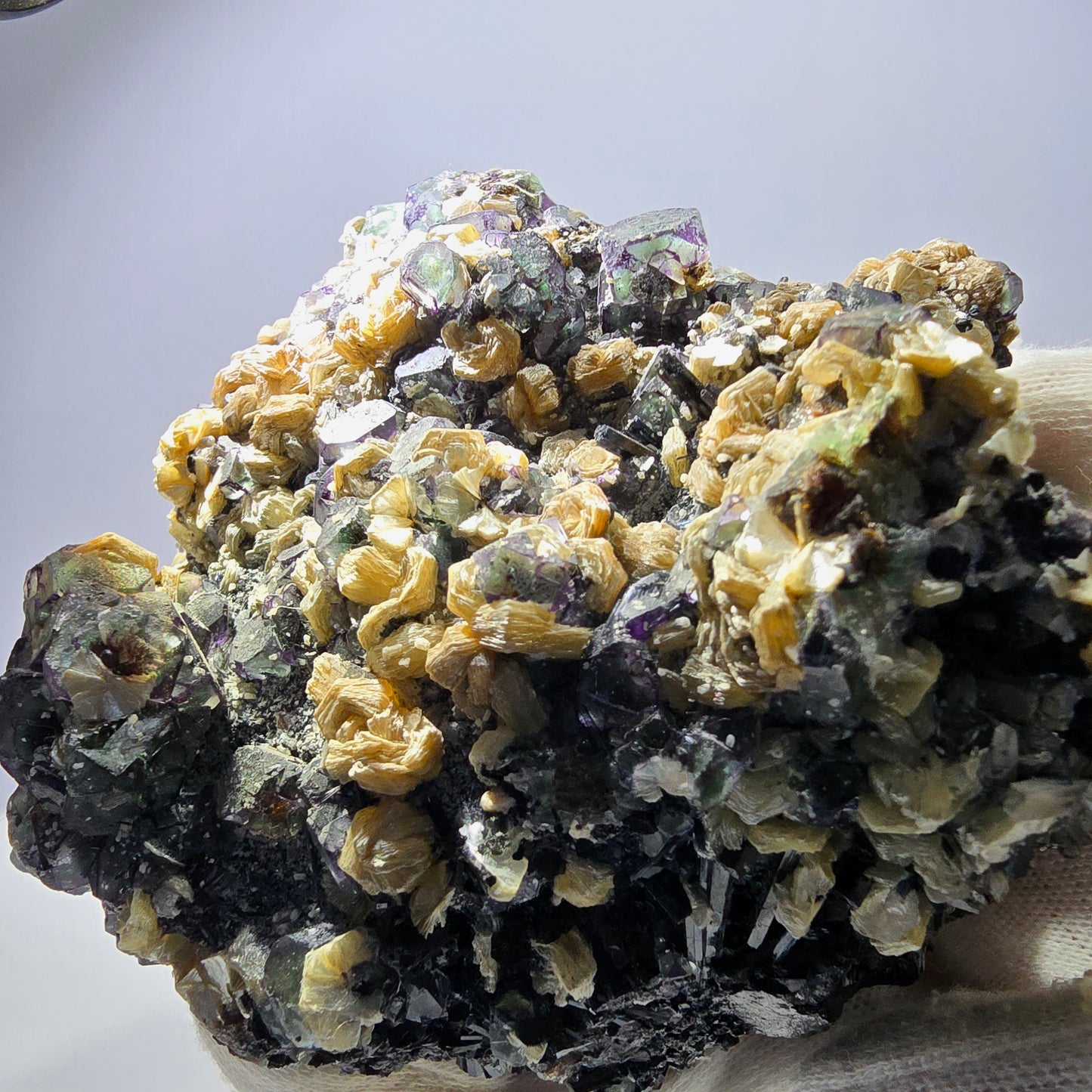 Fluorite fantôme XL, muscovite, hyalite, quartz fumé, tourmaline Schörl, Erongo, Namibie, 132 x 116 x 98 mm 