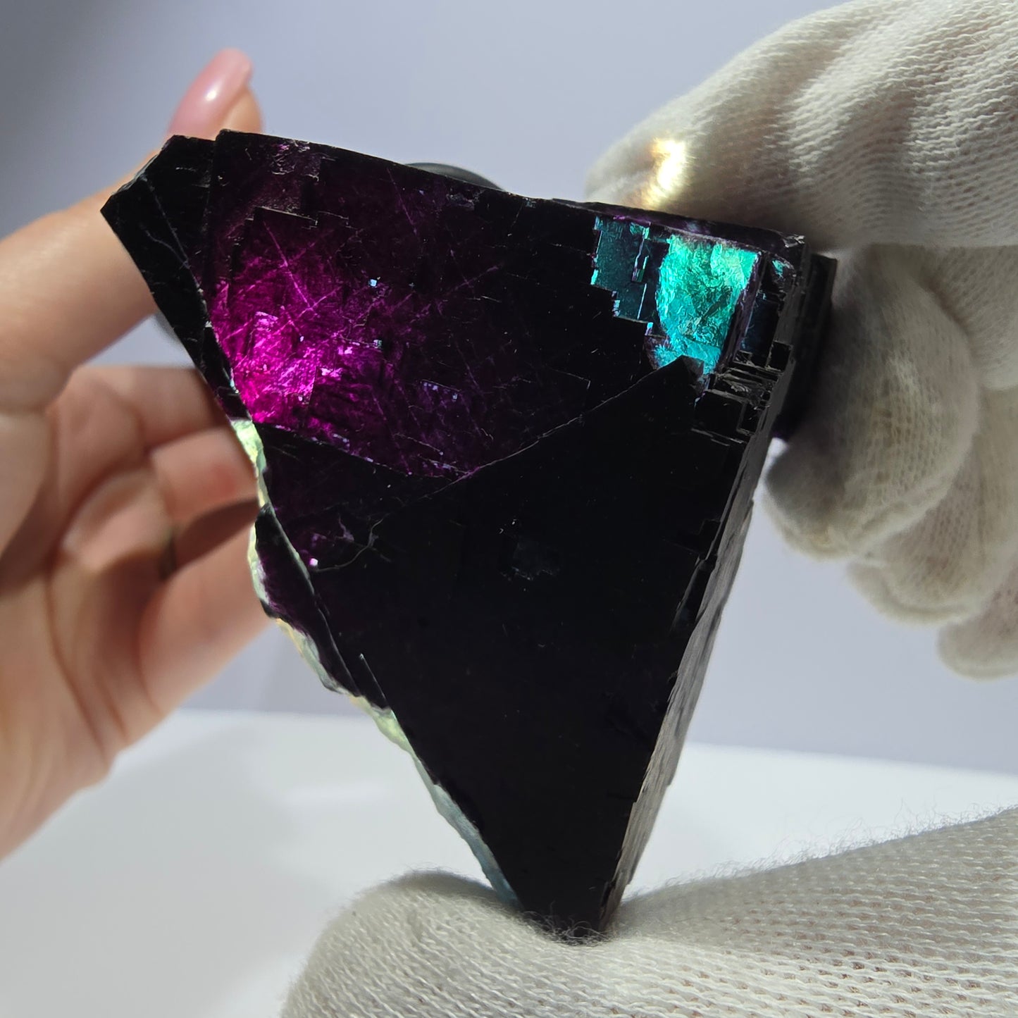Grand spécimen de cube de fluorite fantôme vert violet zonal 11:11 Angel Pocket, Namibie 73*71*33mm 