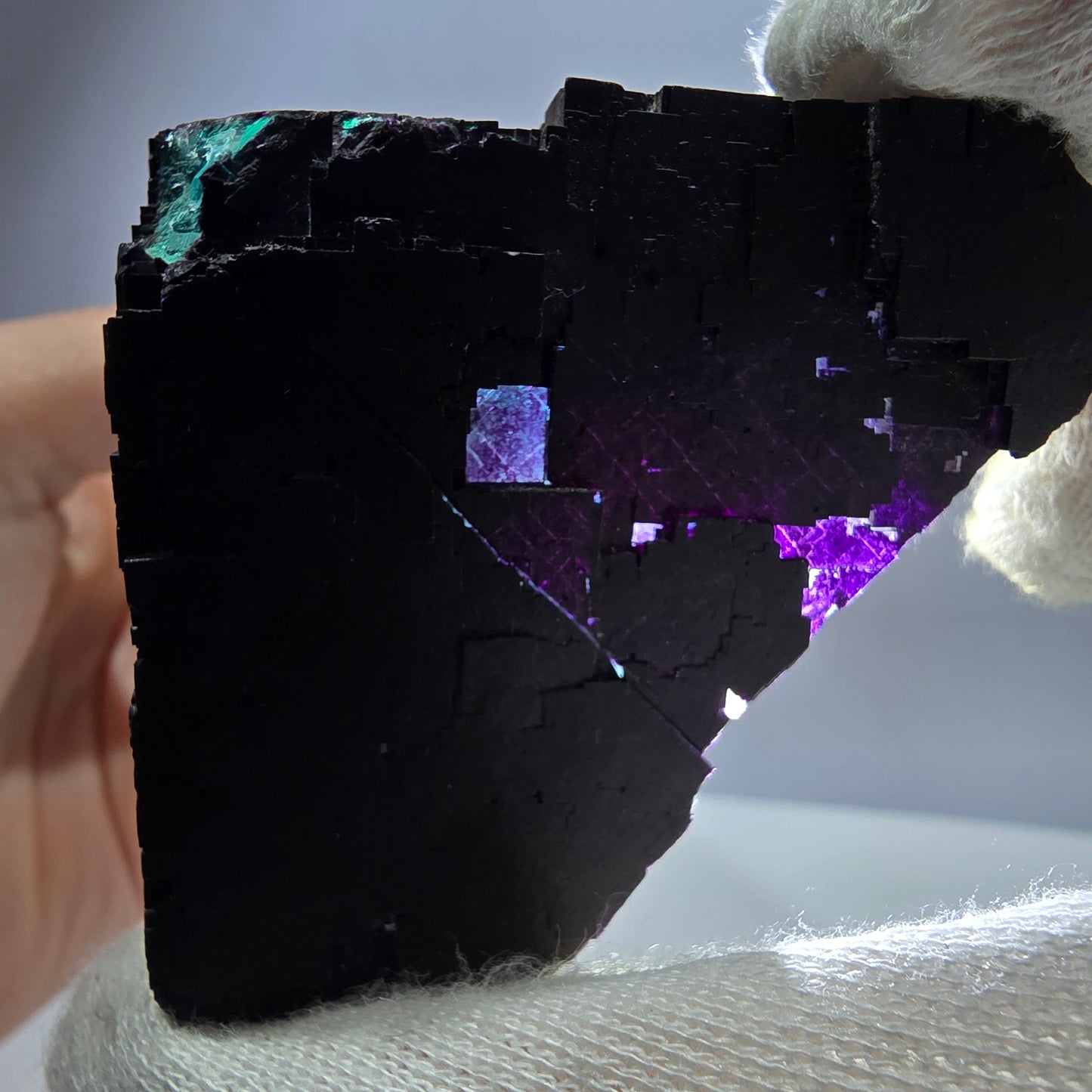 Grand spécimen de cube de fluorite fantôme vert violet zonal 11:11 Angel Pocket, Namibie 73*71*33mm 