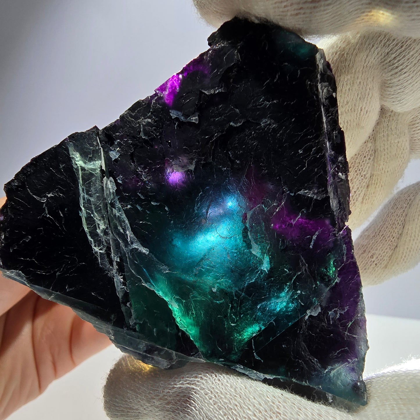 Grand spécimen de cube de fluorite fantôme vert violet zonal 11:11 Angel Pocket, Namibie 73*71*33mm 