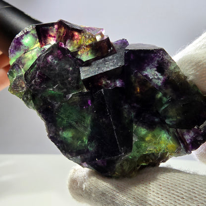Spécimen de cube de fluorite fantôme transparent, parqueté, zonal, Okorusu, Namibie, 76 x 46 x 28 mm 