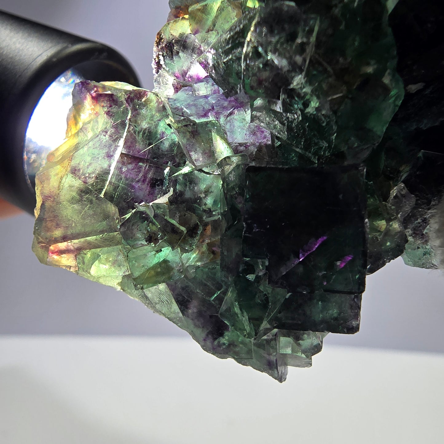 Spécimen de cube de fluorite fantôme transparent, parqueté, zonal, Okorusu, Namibie, 72 x 54 x 23 mm 