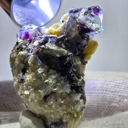 Spécimen de fluorite fantôme colorée, tourmaline schol, muscovite, quartz fumé, Erongo, Namibie, 35 x 25 x 20 mm 